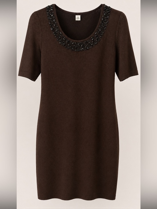 St. John Dresses & Skirts - St. John Evening Brown Wool Knit Dress Beaded Neckline Size 14 Vintage